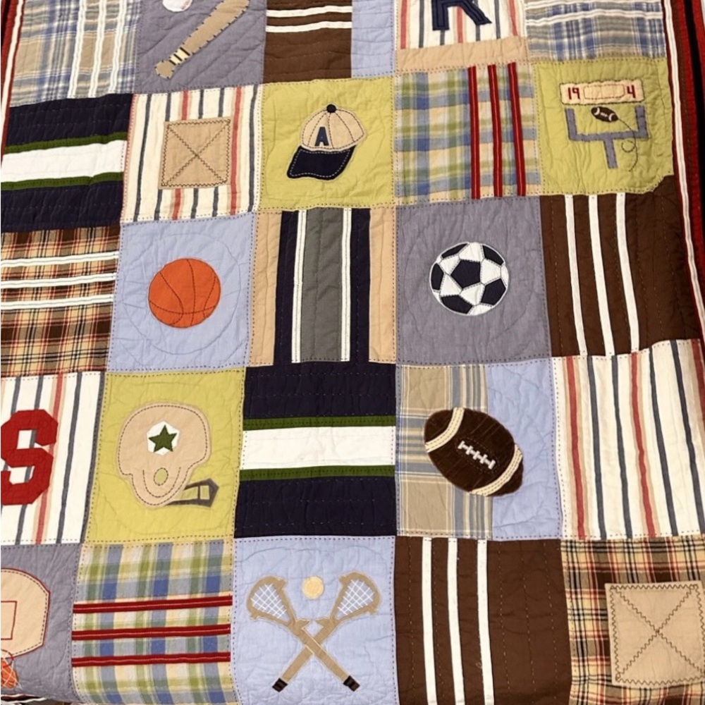 Pottery Barn Kids Sports Patchwork Quilt and sham- Blue, Brown, Red